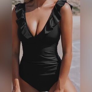 Cupshe Summer Seaside Ruffled Ruched Plunge Gathered Black One Piece